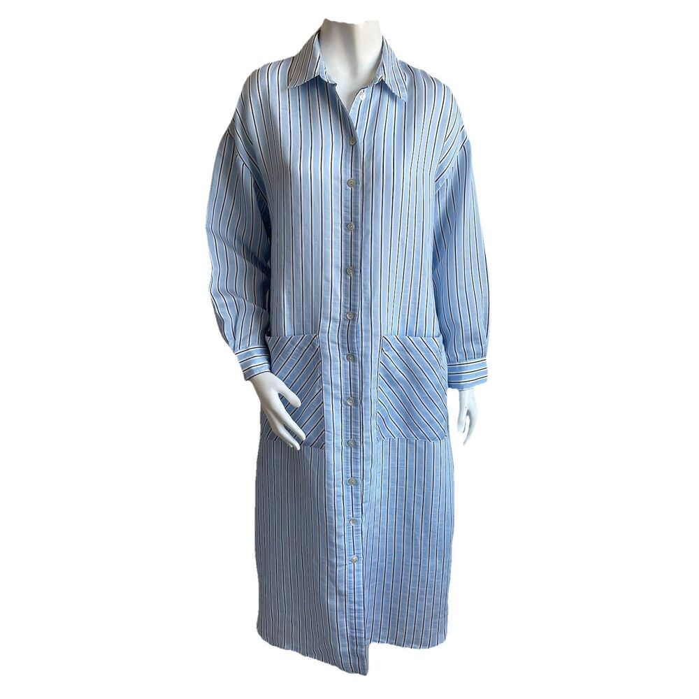 Zara Long Sleeves Oversized Shirt Midi Dress‎ Tie Belt XS Lagenlook Blue Striped
